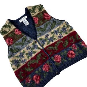 Vintage Robert Scott Ltd Pure Wool Vest Womens XL Blue Floral Cottagecore‎